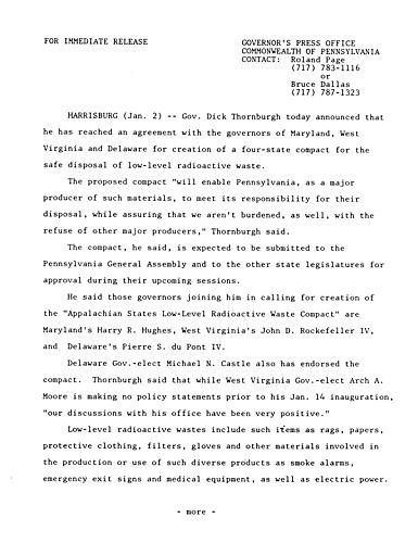Reaches agreement with governors of Maryland, West Virginia, and Delaware for creation of four-star compact for safe disposal of low-level radioactive waste,