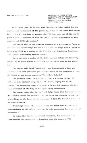 Calls for removal and replacement of presiding judge in Three Mile Island (TMI) Unit 1 restart hearings,