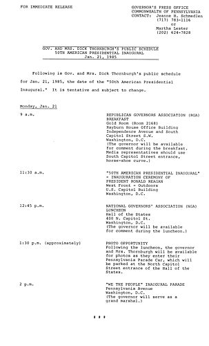 Governor's and Ginny Thornburgh's Presidential Inaugural Schedule,