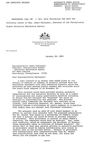 Letter to Representative James Gallagher, PHEAA Chairman re. employment agreement,