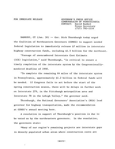 Urges CONEG to support federal legislation to release $7 million in interstate highway construction funds,