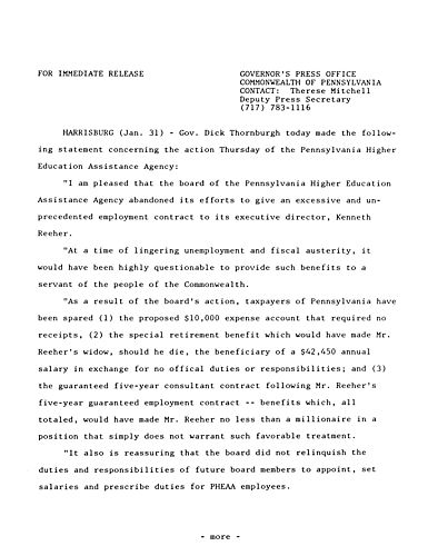 Statement: PHEAA abandoning effort to give excessive employment contract to its Executive Director\, Kenneth Reeher,