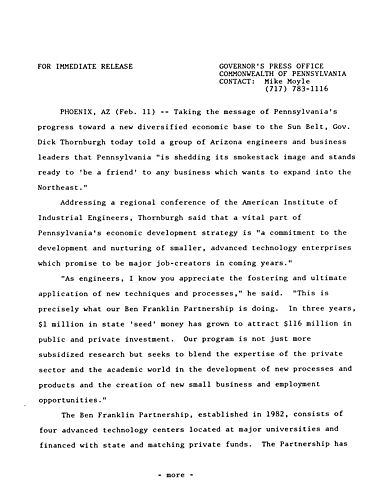 Remarks: to American Institute of Industrial Engineers in Arizona re. PA's progress toward diversified economic law,