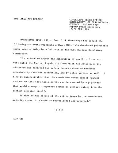 Remarks: Three Mile Island (TMI) related NRC procedural order,