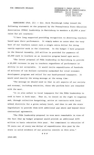 Remarks: proposal by PSEA to mandate $2,000 a year raise for all teachers,
