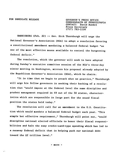 Urges National Governors Association (NGA) to adopt resolution favoring constitutional amendment mandating balanced federal budget,