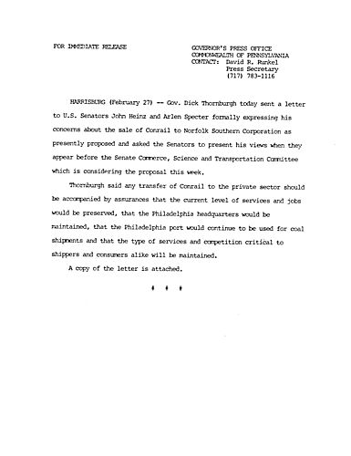 Letter to U.S. Senators Heinz and Specter expressing concerns re. sale of Conrail to Norfolk and Southern Corporation,