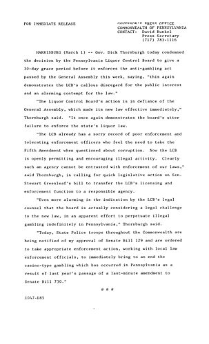 Condemns LCB decision to give 30-day grace period before it enforces Anti-gambling Act passed by General Assembly,