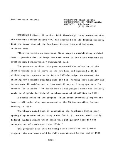 Veterans Administration approves for its funding priority list the conversion of Pennhurst Center into third State veterans home,