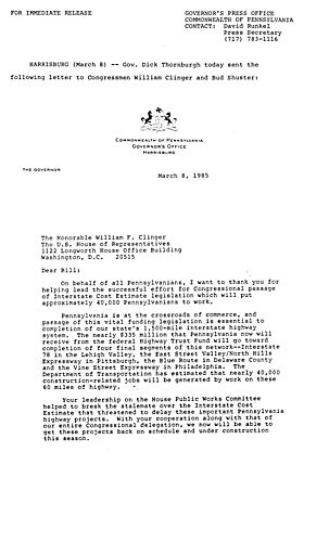 Letter to Congressmen William Clinger and Bud Shuster re. Interstate Cost Estimate Legislation,