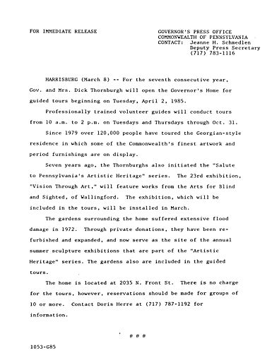Seventh consecutive year of guided tours of Governor's Home,