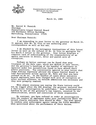 David Runkel letter to Daniel W. Pennick, LCB Chairman re. Gary DiVito, LCB Chief Counsel,