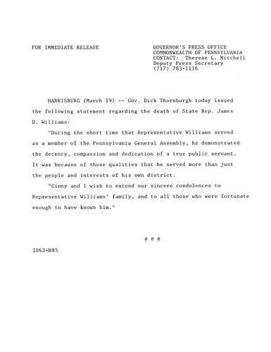 Statement: death of State Representative James D. Williams,