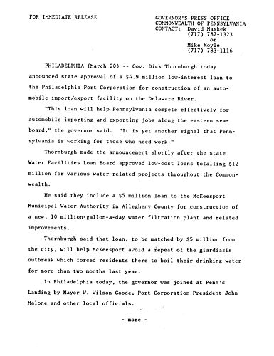 $4.9 million low-interest loan to Philadelphia Port Corporation for construction of automobile import/export facility,