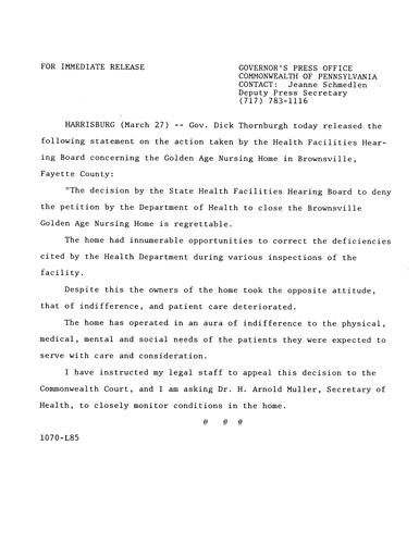 Statement: action taken by Health Facilities Hearing Board concerning Golden Age Nursing Home,