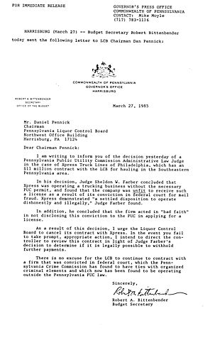 Budget Secretary Robert Bittenbender letter to Daniel Pennick, LCB Chairman, re. Xpress Truck Lines of Philadelphia,