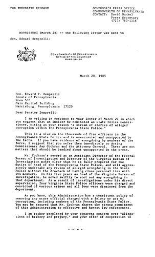 David Runkel letter to Senator Edward P. Zemprelli re. PA State Police allegations,