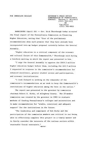 Accepts final report of PA Commission on Financing Higher Education,