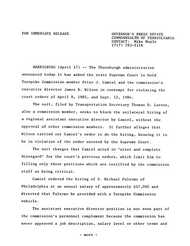 Announces having asked State Supreme Court to hold Turnpike Commissioners Camiel and James B. Wilson in contempt for violating court orders,
