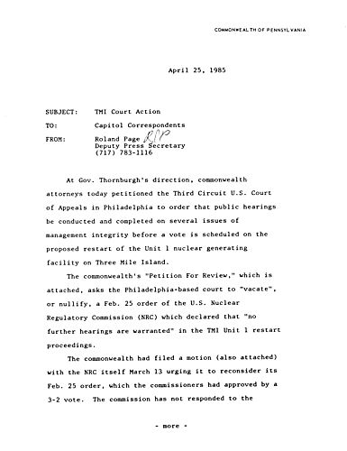 News advisory: Three Mile Island (TMI) Court Action,