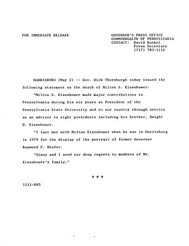 Statement: death of Milton S. Eisenhower,