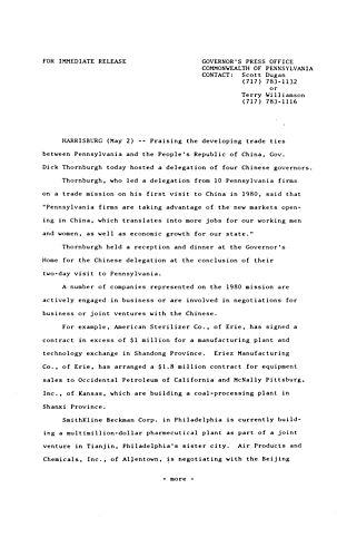 Praises developing trade ties between PA and Peoples Republic of China and hosts delegation of 4 Chinese Governors,