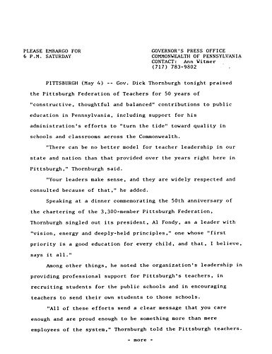 Praises Pittsburgh Federation of Teachers,