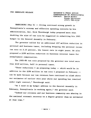 Proposes more than doubling tax cuts suggested in the 1985 budget address,