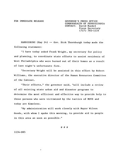 Statement: Frank Wright to coordinate state efforts to assist West Philadelphia residents burned out of their homes (MOVE incident),