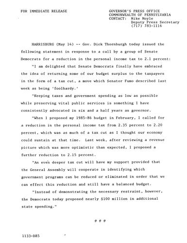 Statement: responding to Senate Democrats call for reduction in personal income tax to 2.1%,
