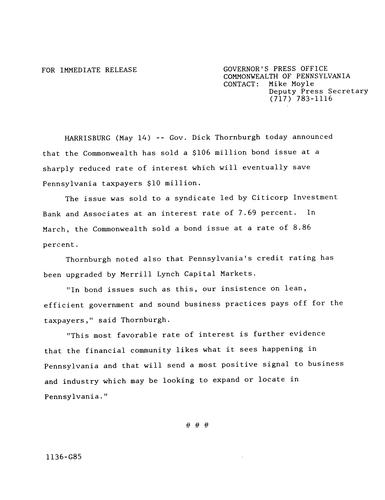 Announces $106 million bond issue sold at sharply reduced rate of interest (savings $10 million),