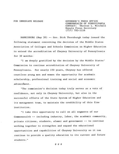 Statement: accreditation of Cheyney University of PA for 30 months,