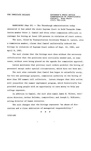 Asks state Supreme Court to hold Turnpike Commissioner Peter J. Camiel and 3 other commission officials in contempt for violation of court orders