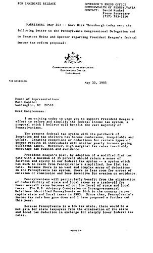 Letter to PA Congressional Delegation and to Senators Heinz and Specter re. President Reagan's federal income tax reform proposal,