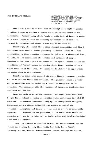 Requests President Reagan declare "Major Disaster" in Northwestern and Northcentral PA,