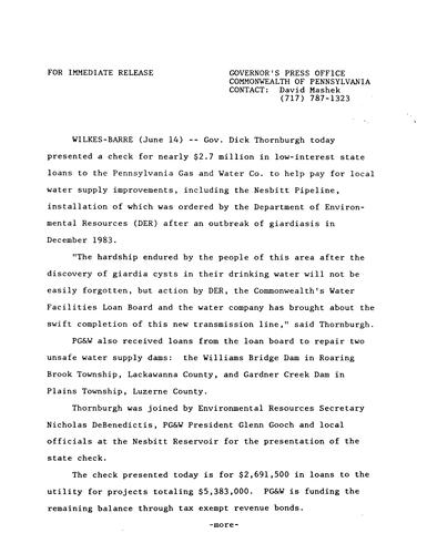 $2.7 million in low-interest State loans to PA Gas and Water Co. to help pay for local water supply improvements