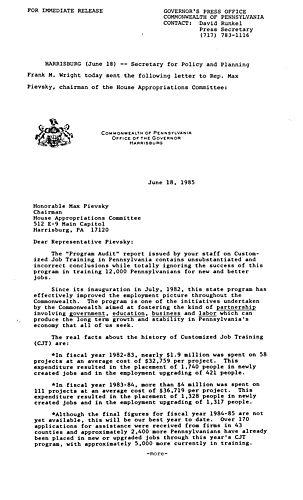 Frank Wright letter to Representative Max Pievsky re. "Program Audit" on Customized Job Training in PA