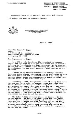 Frank Wright letter to U.S. Representative Robert W. Edgar re. PA's state and local taxes,