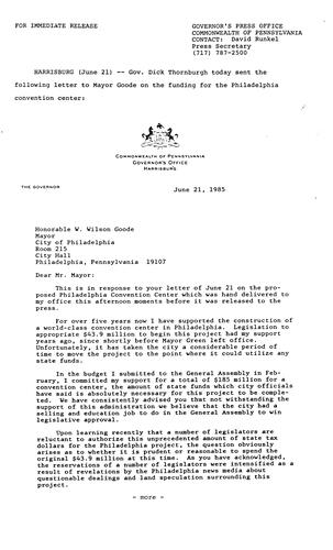 Letter to Mayor W. Wilson Goode re. proposed Philadelphia Convention Center