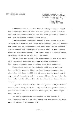 Electrodyne Research Corporation has been given State permit to construct two boilers that will generate electricity by burning anthracite coal