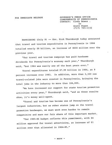 Announces travel and tourism expenditures in PA in 1984 totaled nearly $8 billion, an increase of $600 million over previous years