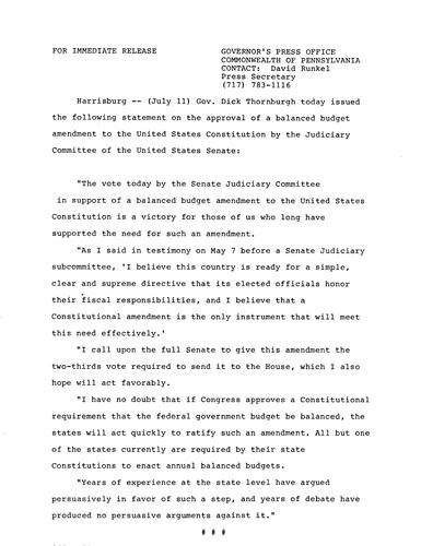 Statement: approval of balanced budget amendment to U.S. Constitution by Judiciary Committee of U.S. Senate