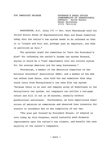 Told U.S. House of Representatives Ways and Means Committee that nation's tax system needs "simple and fair" reform