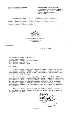 Letters between Governor and Acting Insurance Commissioner William R. Muir Jr.