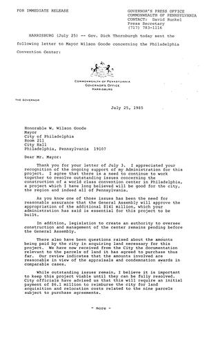 Letter to Mayor Wilson Goode re. Philadelphia Convention Center