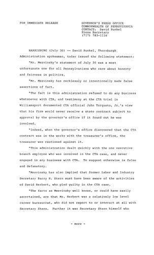 David Runkel, Press Secretary : Statement re. Mr. Mezvinsky's statement of July 30