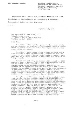 Letter to Senator H. John Heinz, III re. Aid to Families with Dependant Children Control System