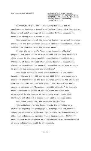 Urges quick passage of legislation proposed to amend PA Juvenile Act