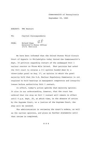 News advisory: U.S. Third Circuit Court of Appeals in Philadelphia denies Commonwealth's September 10 petition re. Three Mile Island (TMI) Unit 1 restart