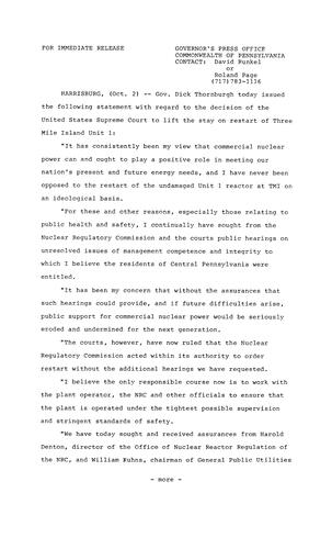Statement: decision of U.S. Supreme Court to lift stay on restart of Three Mile Island (TMI) Unit 1